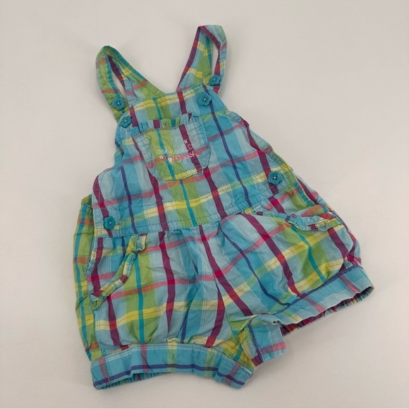 Vintage Y2K OshKosh B'gosh Blue and Green Plaid Shorts Overalls Girls 12 months - Picture 1 of 3